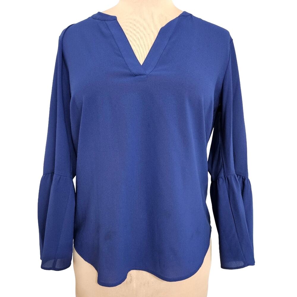J. Crew Top Royal Blue Size Medium 3/4 Bell Sleeve V Neck Blouse Career Corpcore